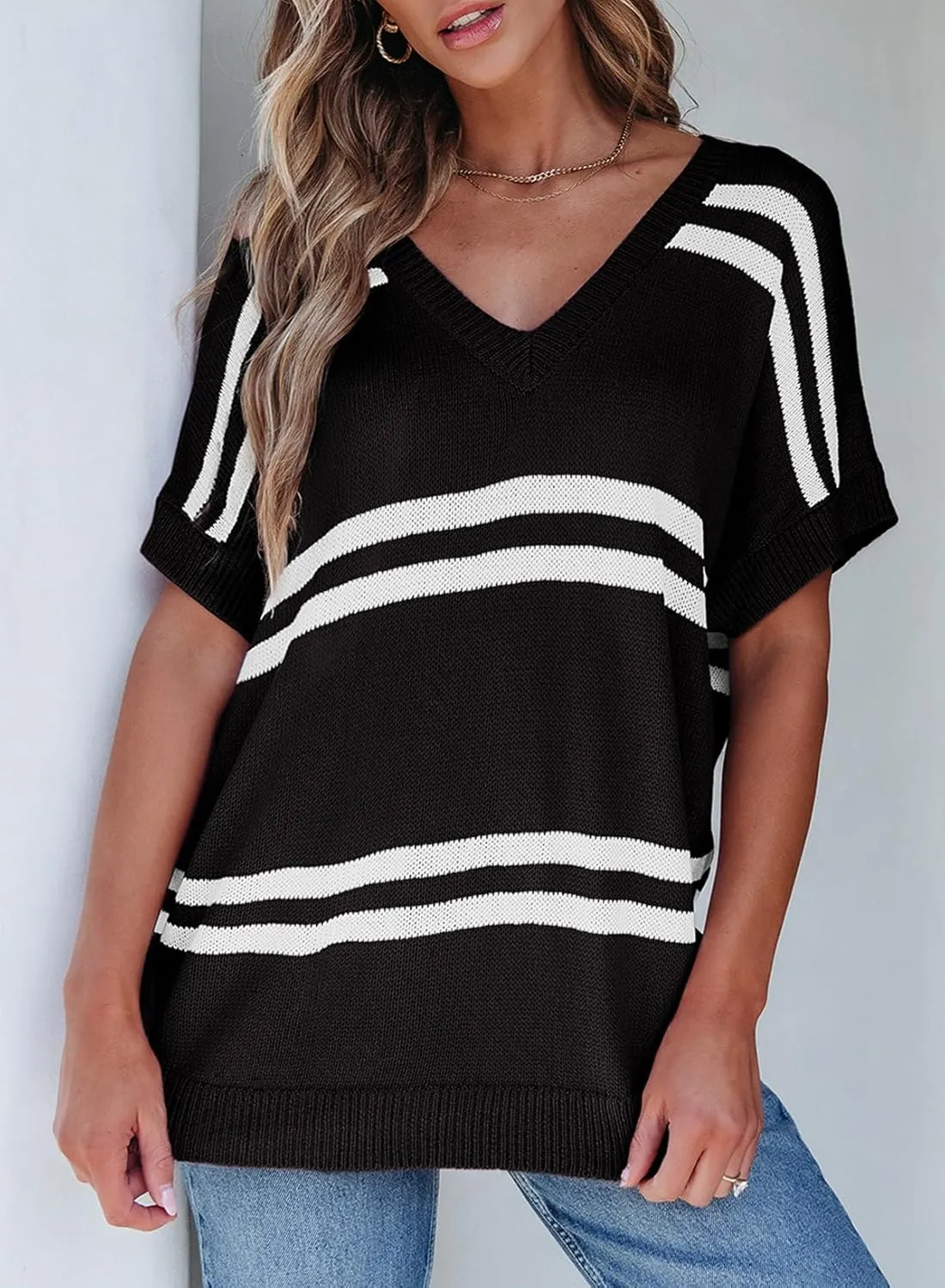 SHEWIN Oversized Sweaters for Women Causal V Neck T Shirts Loose Short Sleeve Sweater Spring Tops
