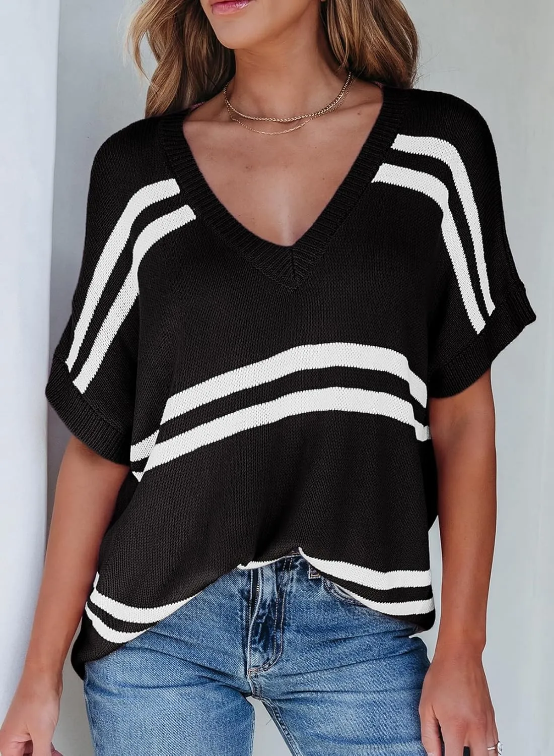SHEWIN Oversized Sweaters for Women Causal V Neck T Shirts Loose Short Sleeve Sweater Spring Tops