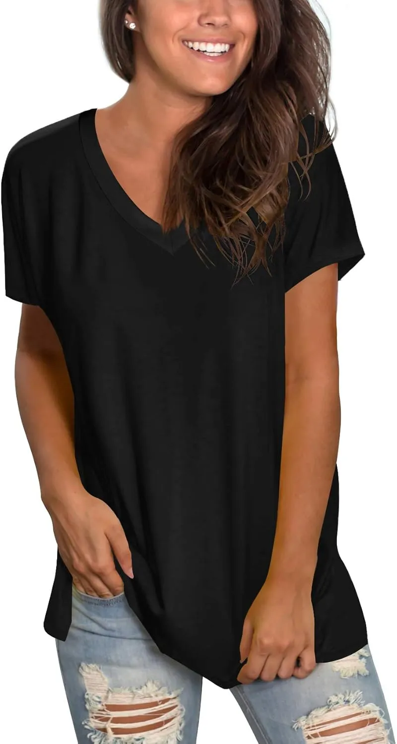 Sipaya Womens T Shirts Basic V Neck Tee Loose Fitting Casual Short Sleeve Tops
