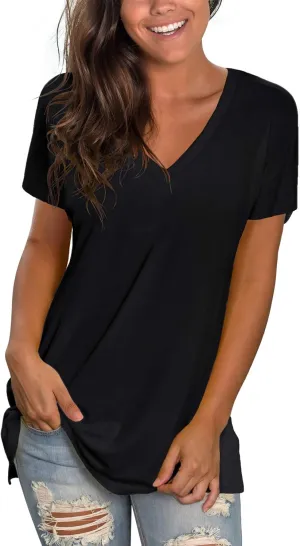 Sipaya Womens T Shirts Basic V Neck Tee Loose Fitting Casual Short Sleeve Tops