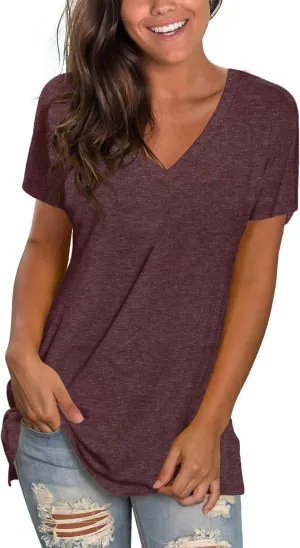 Sipaya Womens T Shirts Basic V Neck Tee Loose Fitting Casual Short Sleeve Tops