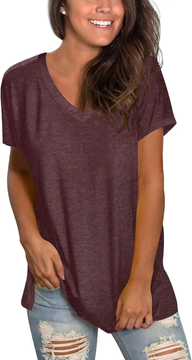 Sipaya Womens T Shirts Basic V Neck Tee Loose Fitting Casual Short Sleeve Tops