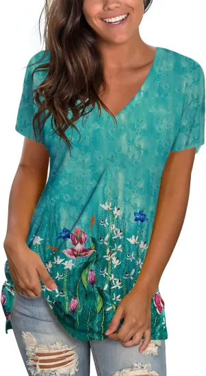 Sipaya Womens T Shirts Basic V Neck Tee Loose Fitting Casual Short Sleeve Tops