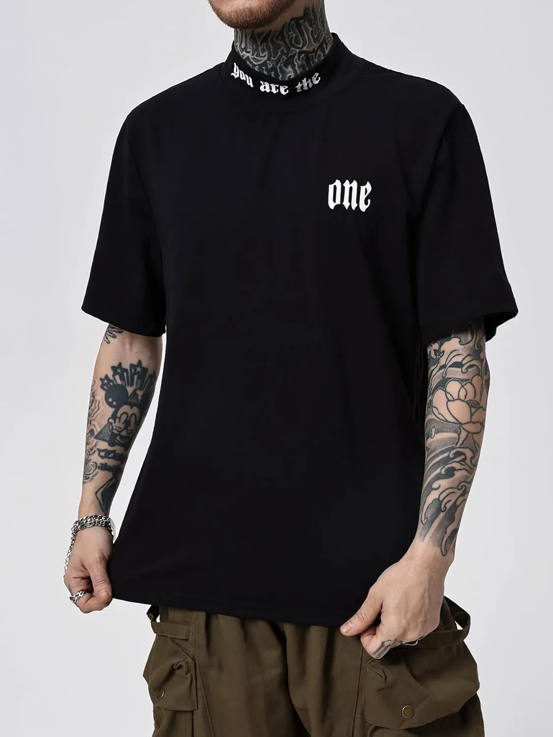 SOLY HUX Men's Letter Graphic Tee Mock Neck T Shirts Short Sleeve Summer Tops
