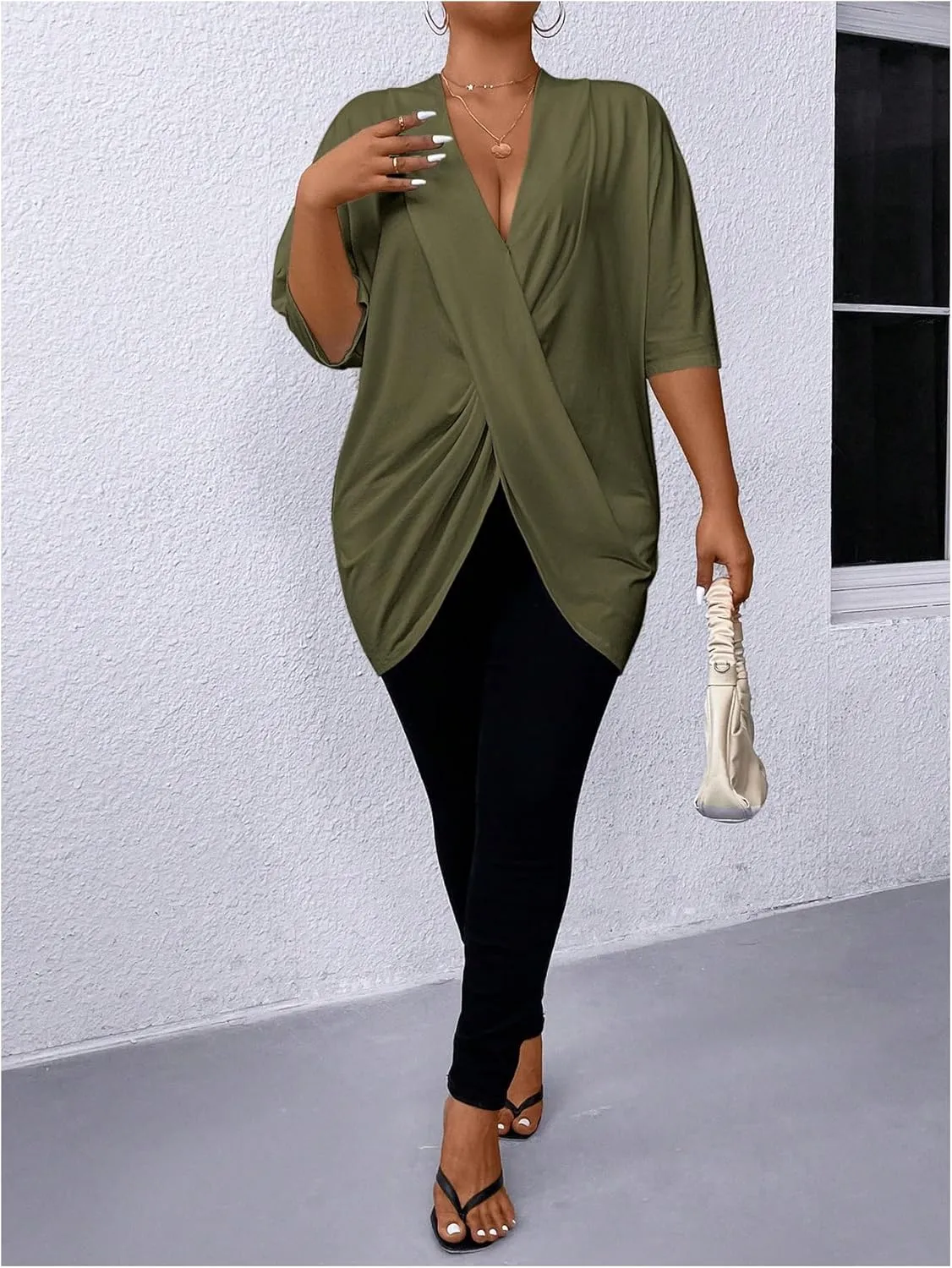 SOLY HUX Women's Plus Size Deep V Neck Oversized T Shirts Ombre Wrap Going Out Tee Tops