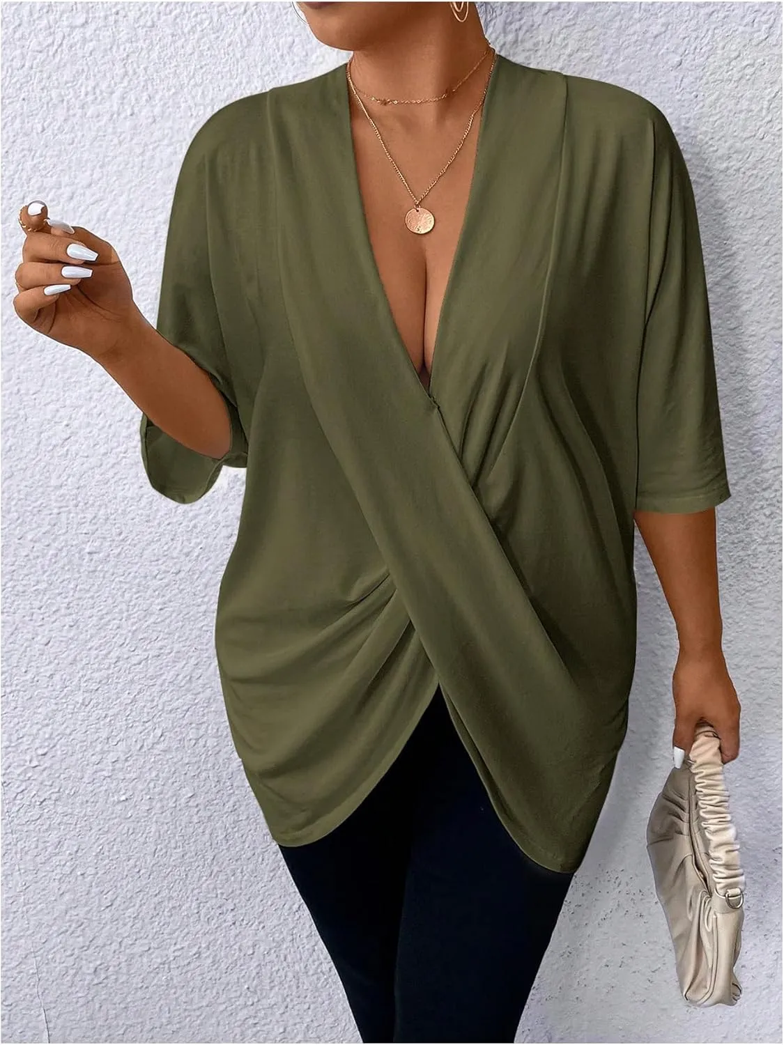 SOLY HUX Women's Plus Size Deep V Neck Oversized T Shirts Ombre Wrap Going Out Tee Tops