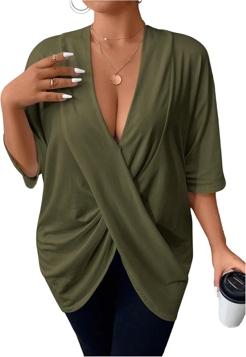 SOLY HUX Women's Plus Size Deep V Neck Oversized T Shirts Ombre Wrap Going Out Tee Tops
