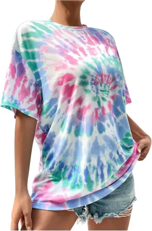 SOLY HUX Women's Tie Dye Crew Neck Tee Tops Half Sleeve Drop Shoulder Oversized T Shirts