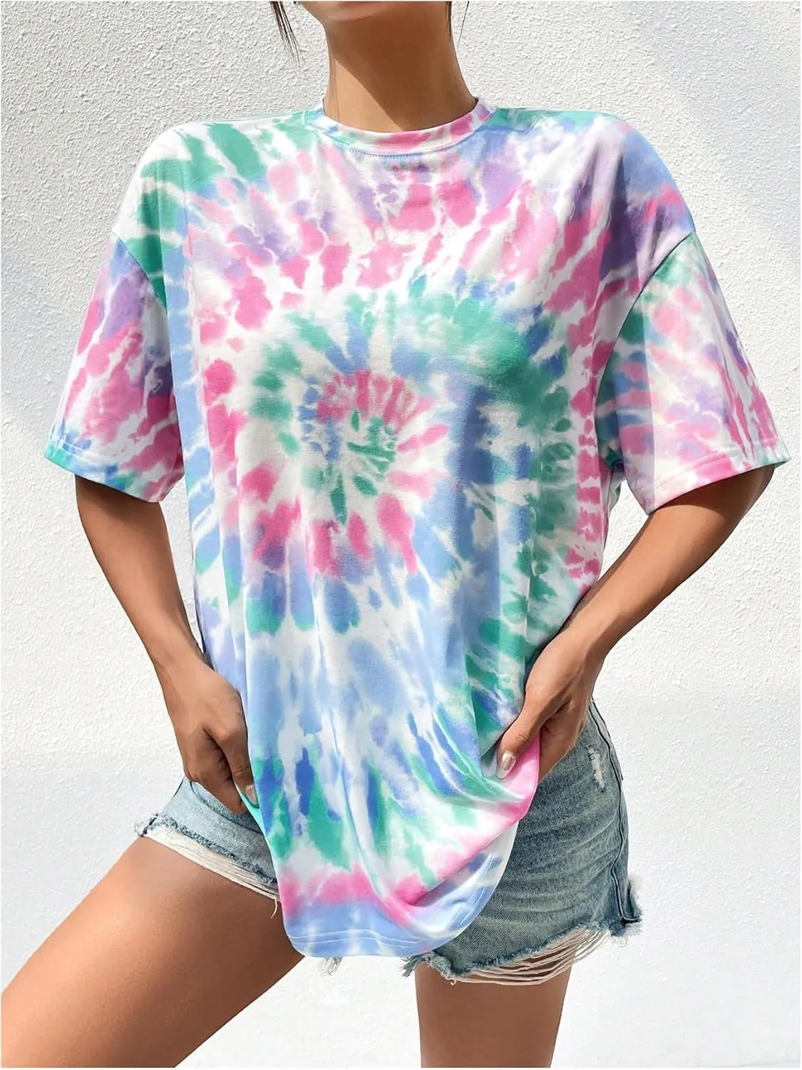 SOLY HUX Women's Tie Dye Crew Neck Tee Tops Half Sleeve Drop Shoulder Oversized T Shirts