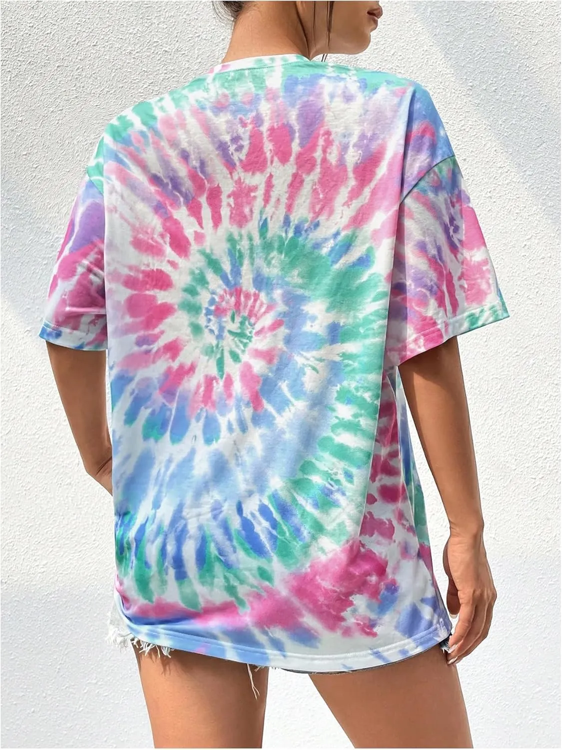 SOLY HUX Women's Tie Dye Crew Neck Tee Tops Half Sleeve Drop Shoulder Oversized T Shirts