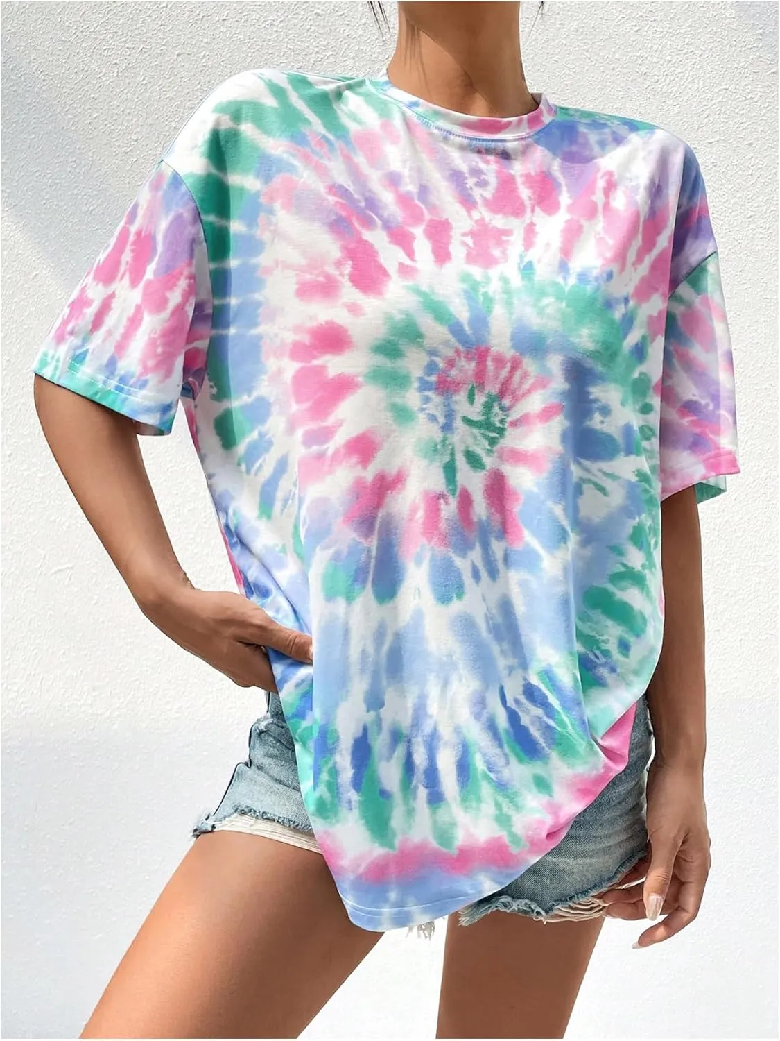 SOLY HUX Women's Tie Dye Crew Neck Tee Tops Half Sleeve Drop Shoulder Oversized T Shirts