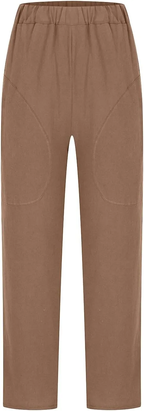 Summer Casual Cotton Linen Pants for Women Elastic Waist Loose Straight Leg Trousers Holiday Vacation Beach Pants