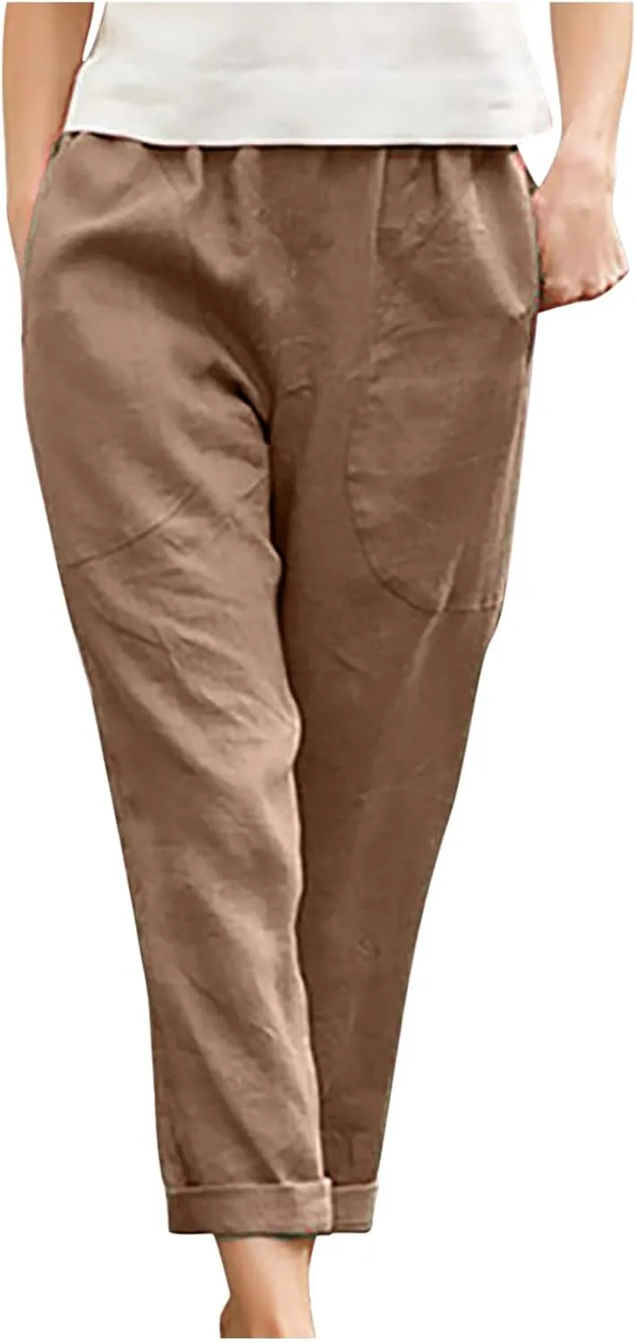 Summer Casual Cotton Linen Pants for Women Elastic Waist Loose Straight Leg Trousers Holiday Vacation Beach Pants