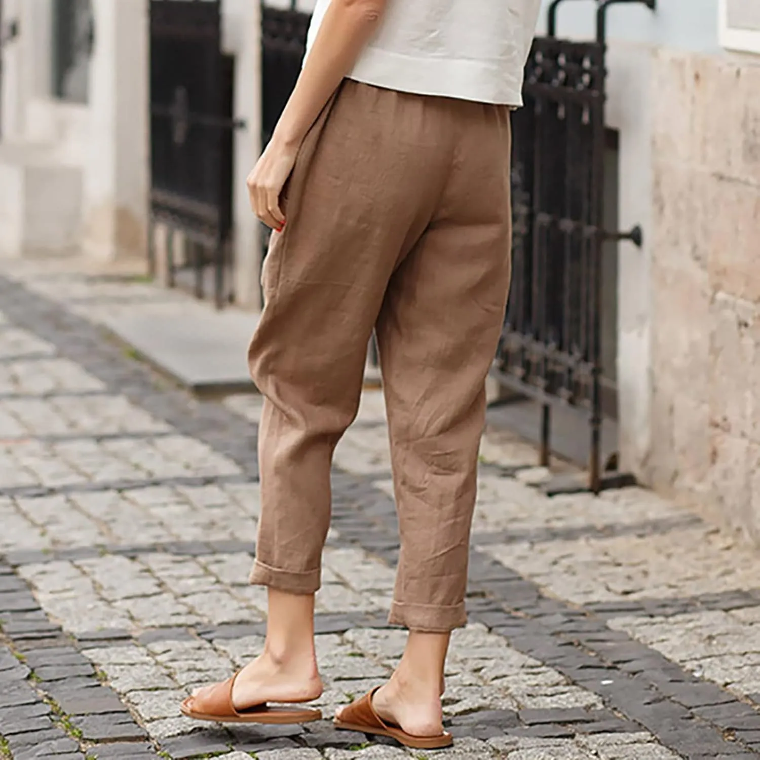 Summer Casual Cotton Linen Pants for Women Elastic Waist Loose Straight Leg Trousers Holiday Vacation Beach Pants