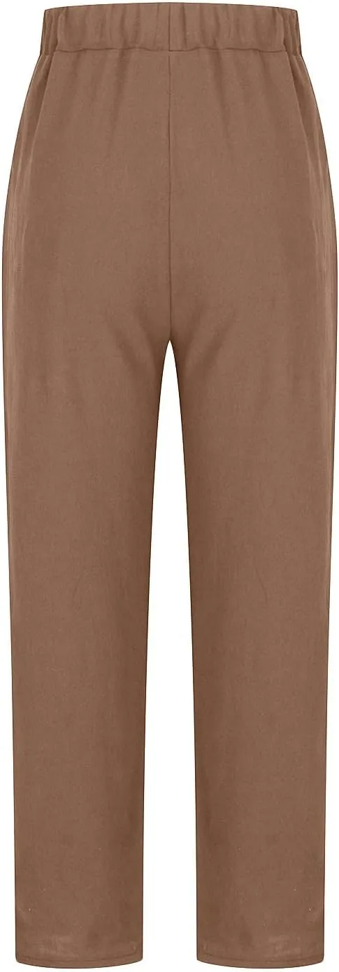 Summer Casual Cotton Linen Pants for Women Elastic Waist Loose Straight Leg Trousers Holiday Vacation Beach Pants