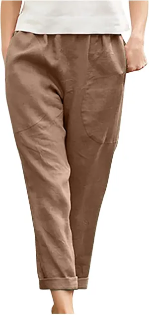 Summer Casual Cotton Linen Pants for Women Elastic Waist Loose Straight Leg Trousers Holiday Vacation Beach Pants
