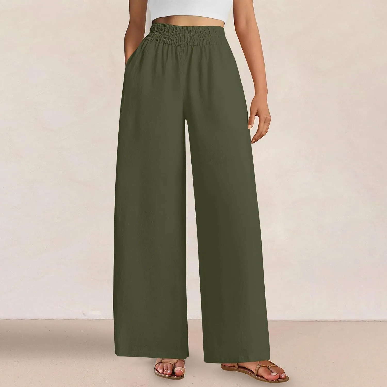 Summer Casual Loose Wide Leg Palazzo Pants for Womens Spring Linen Pants High Waist Flowy Beach Trousers Outfits