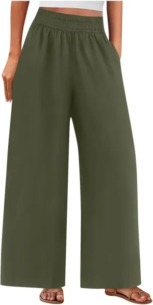 Summer Casual Loose Wide Leg Palazzo Pants for Womens Spring Linen Pants High Waist Flowy Beach Trousers Outfits