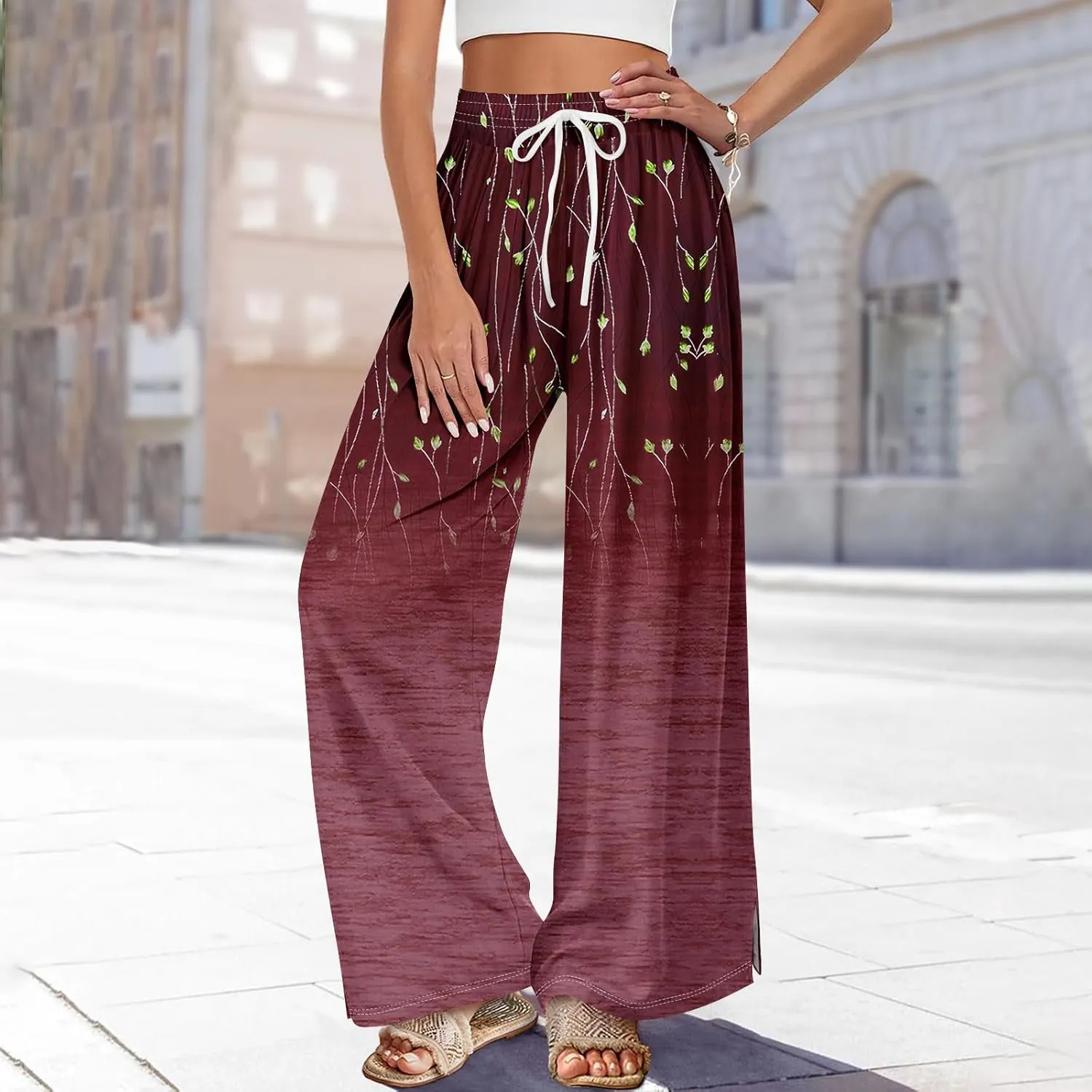 Summer Wide Leg Pants for Women Elastic Waist Drawstring Boho Palazzo Flowy Pants Floral Print with Pockets Trousers