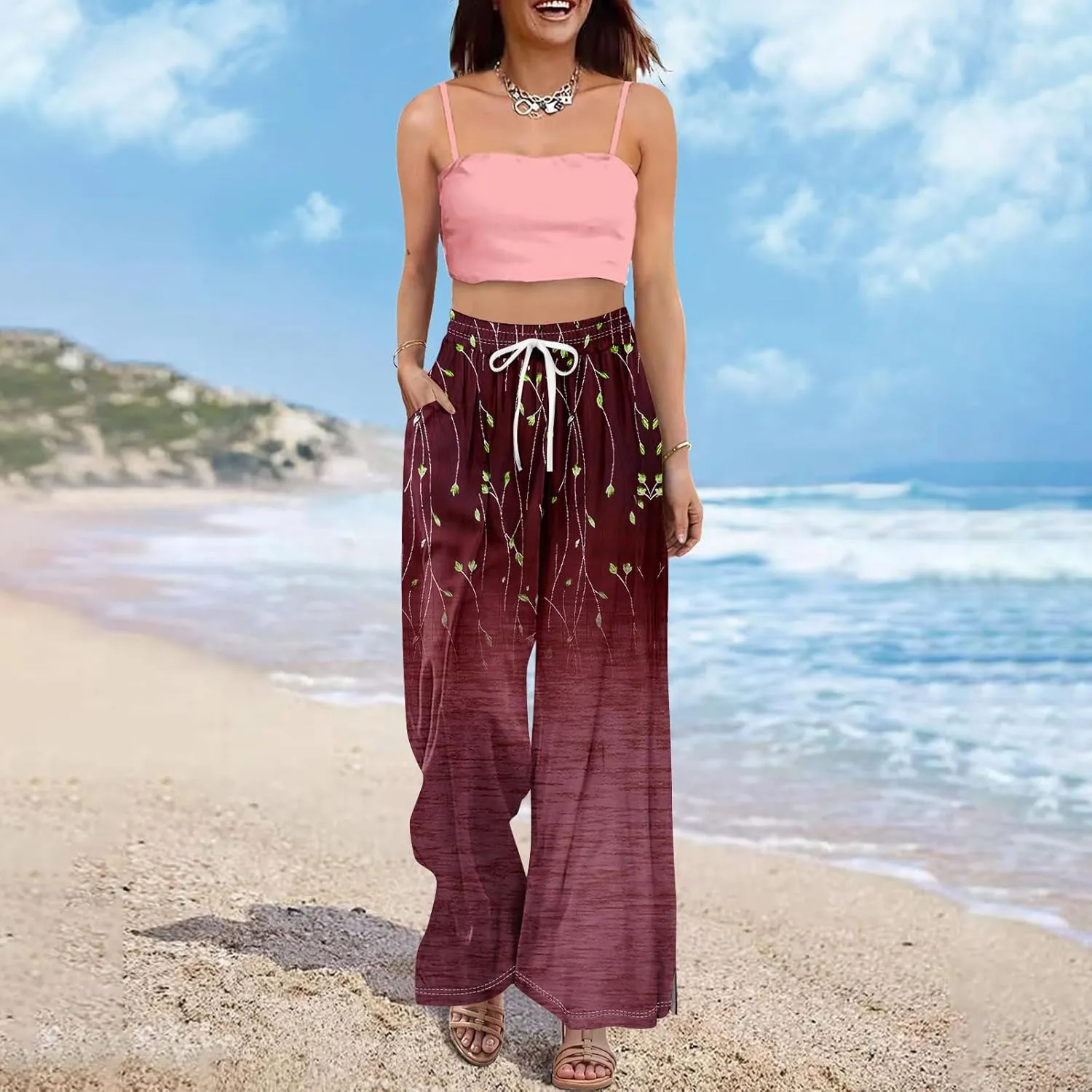 Summer Wide Leg Pants for Women Elastic Waist Drawstring Boho Palazzo Flowy Pants Floral Print with Pockets Trousers