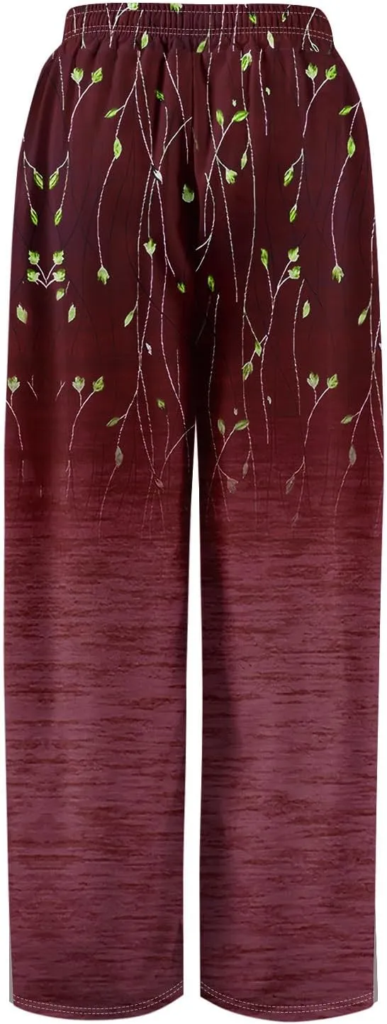 Summer Wide Leg Pants for Women Elastic Waist Drawstring Boho Palazzo Flowy Pants Floral Print with Pockets Trousers