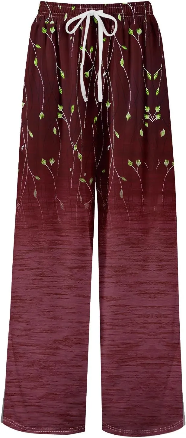 Summer Wide Leg Pants for Women Elastic Waist Drawstring Boho Palazzo Flowy Pants Floral Print with Pockets Trousers