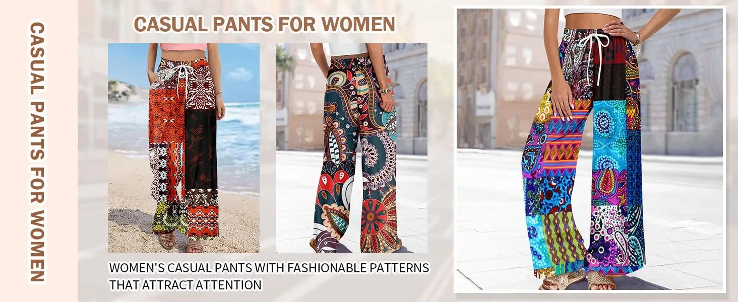 Summer Wide Leg Pants for Women Elastic Waist Drawstring Boho Palazzo Flowy Pants Floral Print with Pockets Trousers