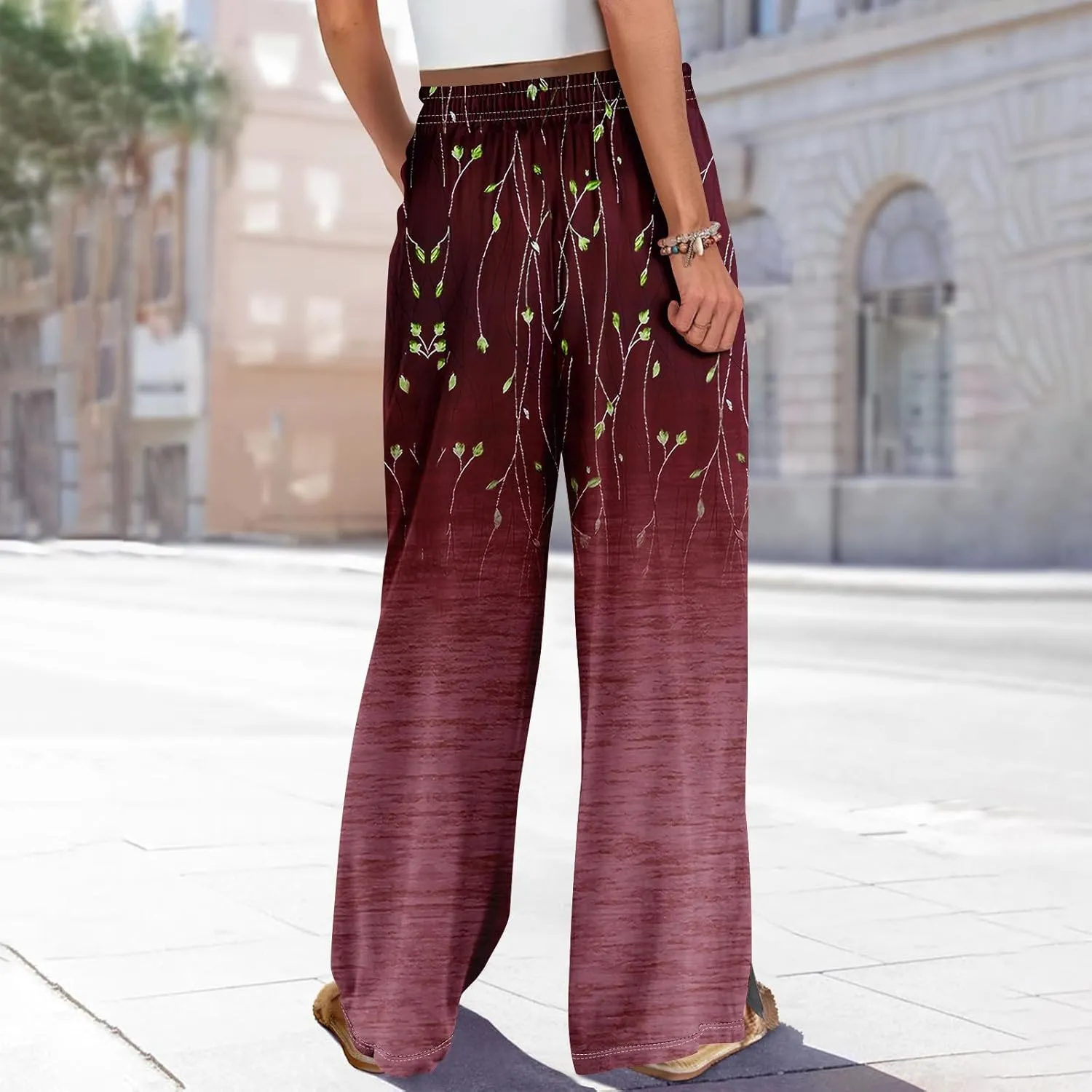 Summer Wide Leg Pants for Women Elastic Waist Drawstring Boho Palazzo Flowy Pants Floral Print with Pockets Trousers