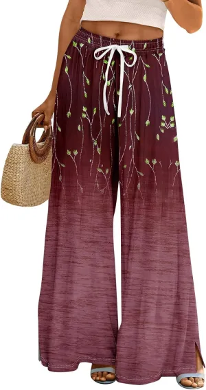 Summer Wide Leg Pants for Women Elastic Waist Drawstring Boho Palazzo Flowy Pants Floral Print with Pockets Trousers