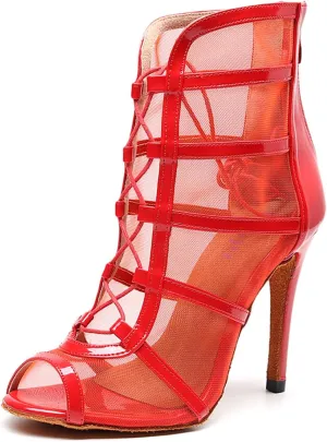 SWDZM Women's Ballroom Latin Salsa Dance Shoes Lace-up Open-Toe Dance Boots Mesh Performance Professional Dance Heels Boots