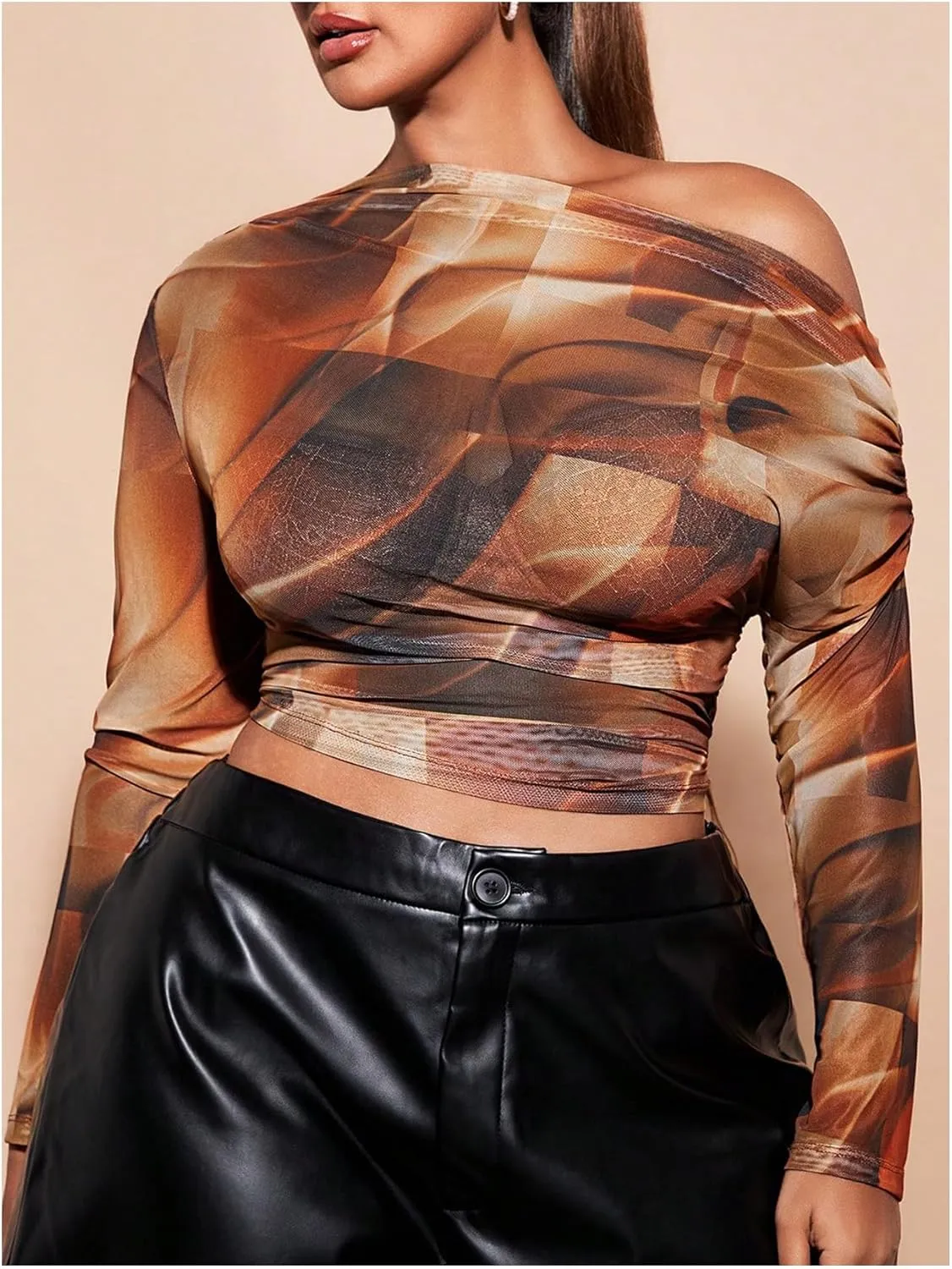 SweatyRocks Women's Plus Size Crop Tops Asymmetrical Neck Ruched Long Sleeve Mesh T Shirts