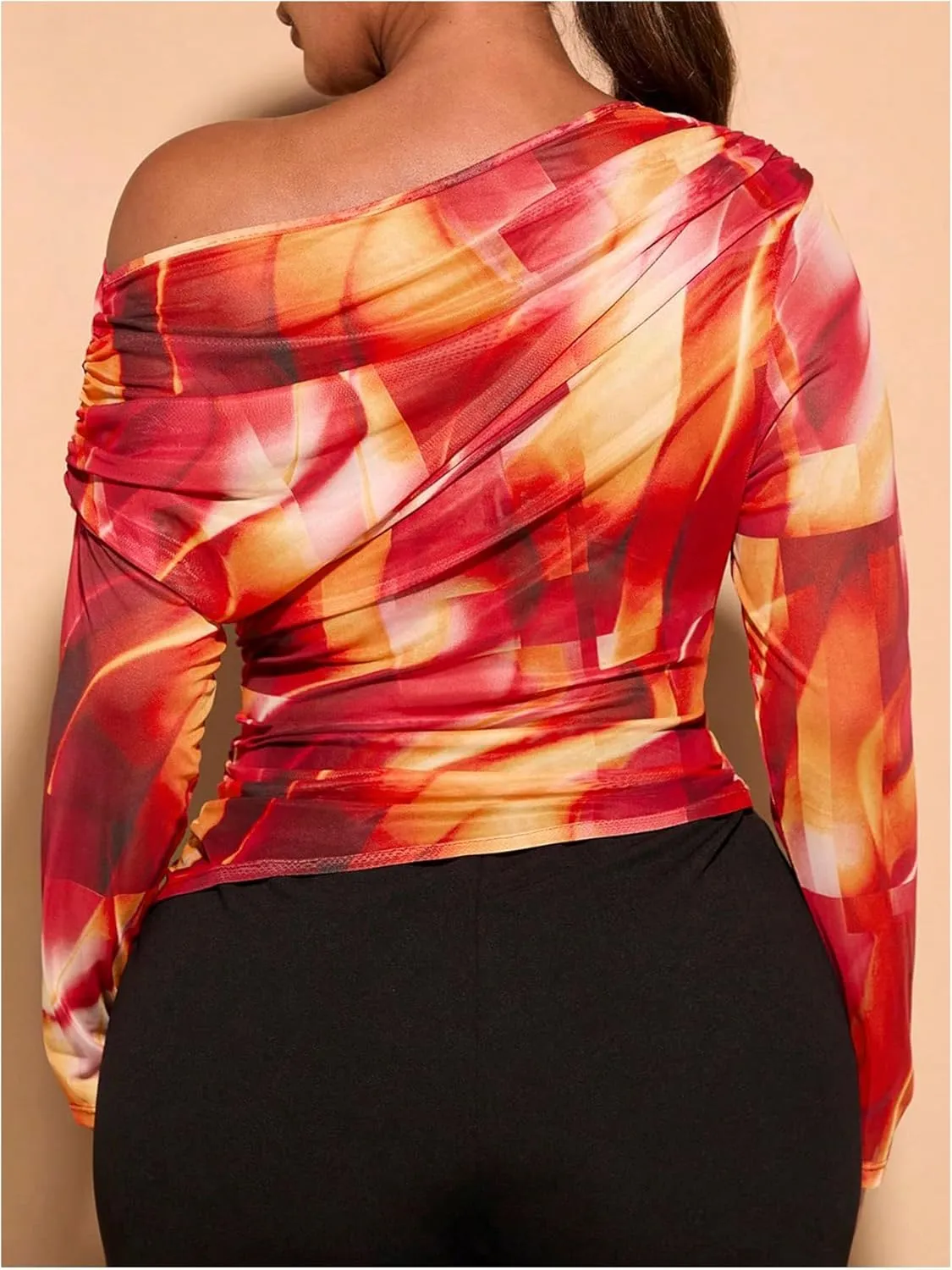SweatyRocks Women's Plus Size Crop Tops Asymmetrical Neck Ruched Long Sleeve Mesh T Shirts