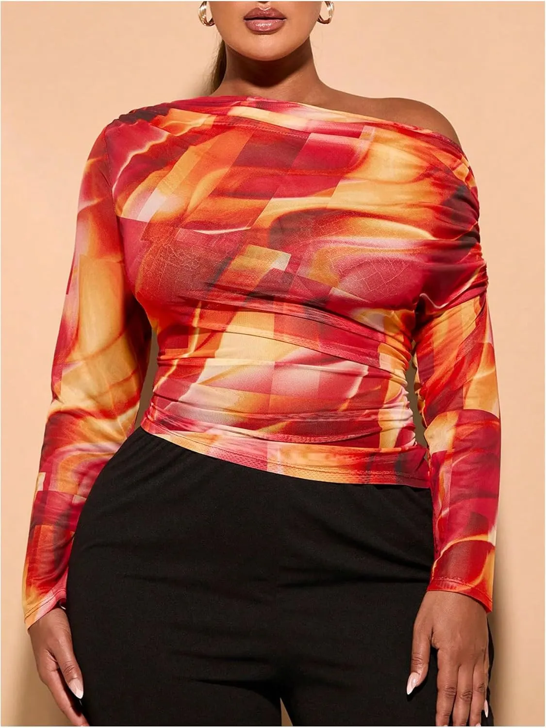SweatyRocks Women's Plus Size Crop Tops Asymmetrical Neck Ruched Long Sleeve Mesh T Shirts