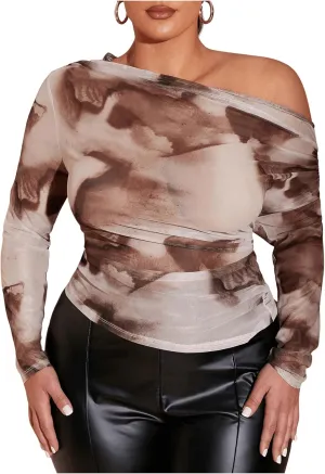 SweatyRocks Women's Plus Size Crop Tops Asymmetrical Neck Ruched Long Sleeve Mesh T Shirts