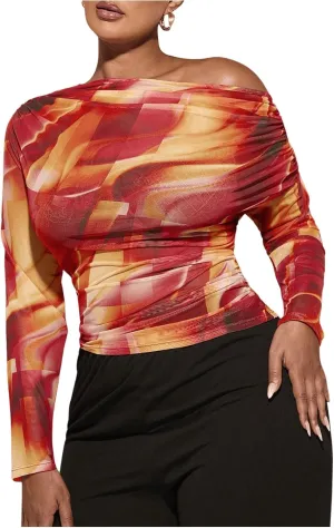 SweatyRocks Women's Plus Size Crop Tops Asymmetrical Neck Ruched Long Sleeve Mesh T Shirts