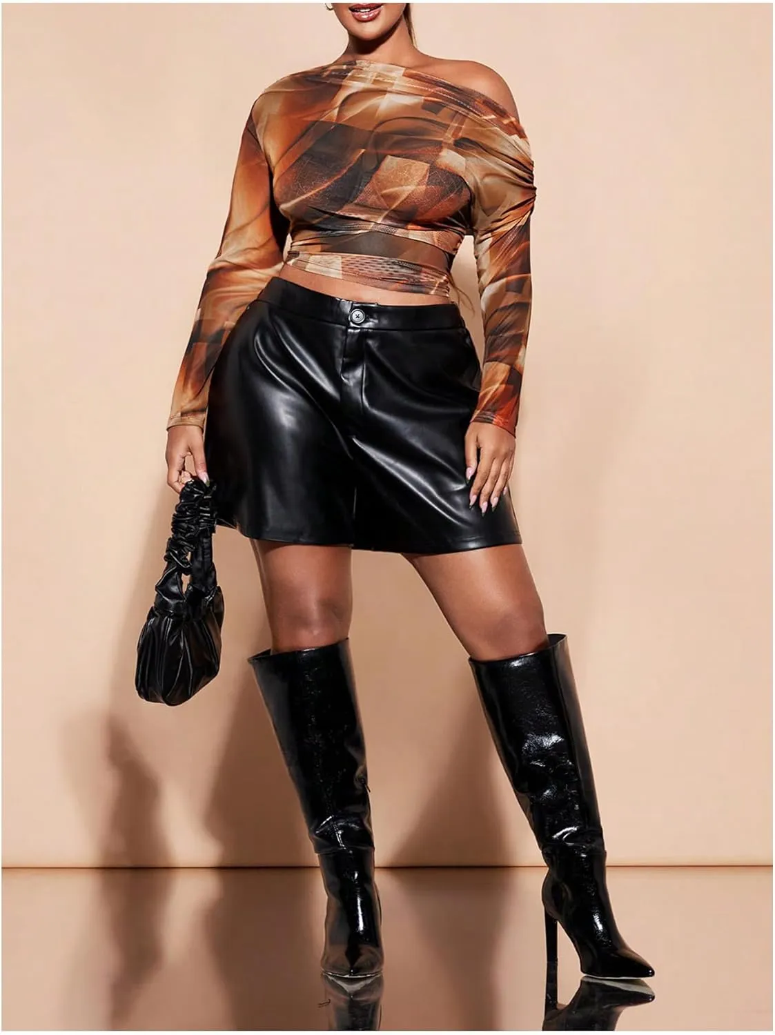 SweatyRocks Women's Plus Size Crop Tops Asymmetrical Neck Ruched Long Sleeve Mesh T Shirts