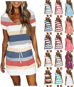 T Shirt Dresses for Women Striped Short Sleeve Tie Waist Mini Tshirt Dress Cute Summer Short Sundresses with Pockets