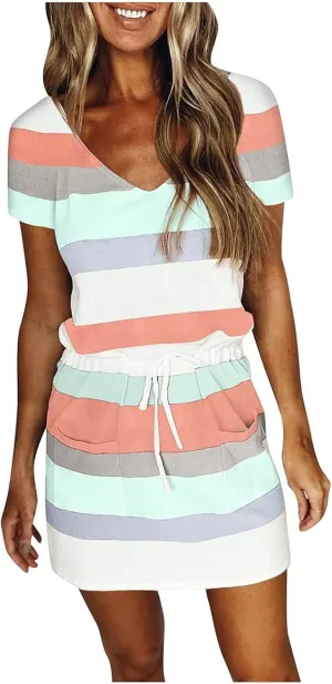 T Shirt Dresses for Women Striped Short Sleeve Tie Waist Mini Tshirt Dress Cute Summer Short Sundresses with Pockets