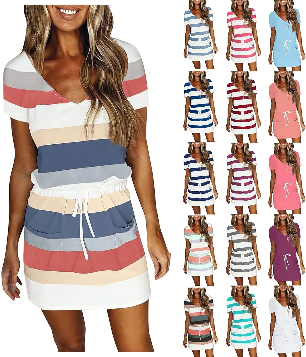 T Shirt Dresses for Women Striped Short Sleeve Tie Waist Mini Tshirt Dress Cute Summer Short Sundresses with Pockets