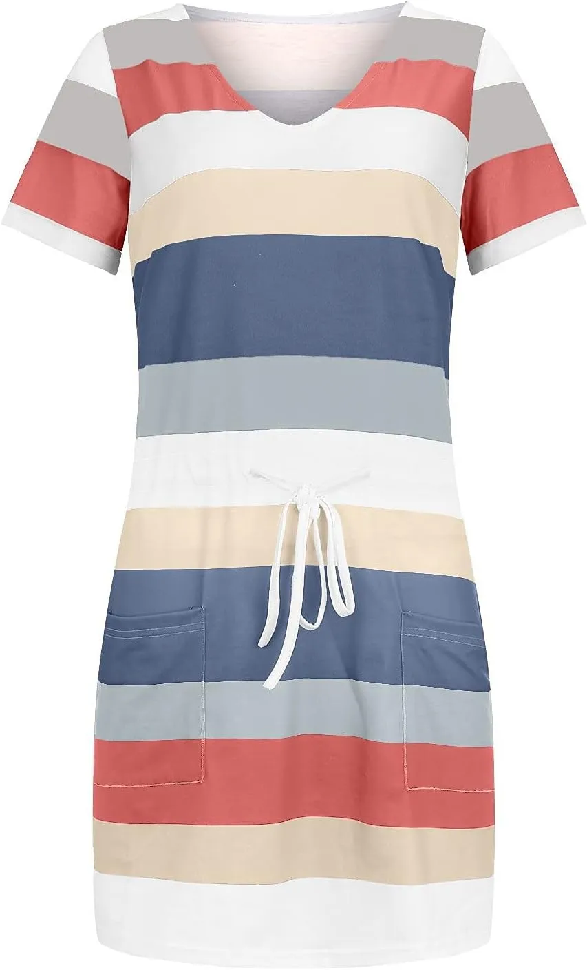 T Shirt Dresses for Women Striped Short Sleeve Tie Waist Mini Tshirt Dress Cute Summer Short Sundresses with Pockets
