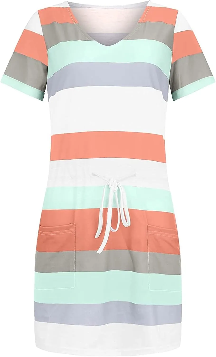 T Shirt Dresses for Women Striped Short Sleeve Tie Waist Mini Tshirt Dress Cute Summer Short Sundresses with Pockets