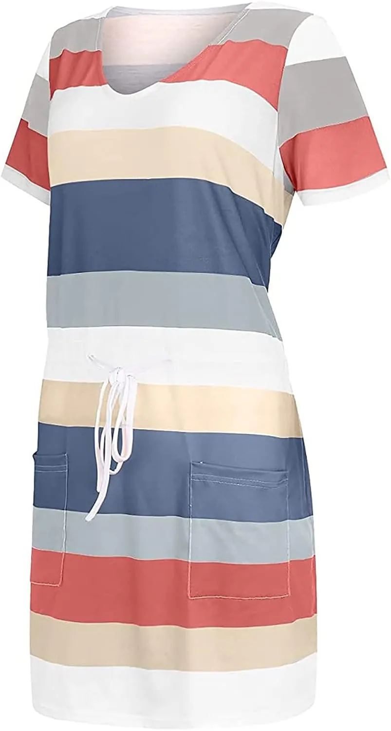 T Shirt Dresses for Women Striped Short Sleeve Tie Waist Mini Tshirt Dress Cute Summer Short Sundresses with Pockets