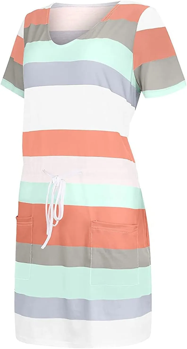 T Shirt Dresses for Women Striped Short Sleeve Tie Waist Mini Tshirt Dress Cute Summer Short Sundresses with Pockets