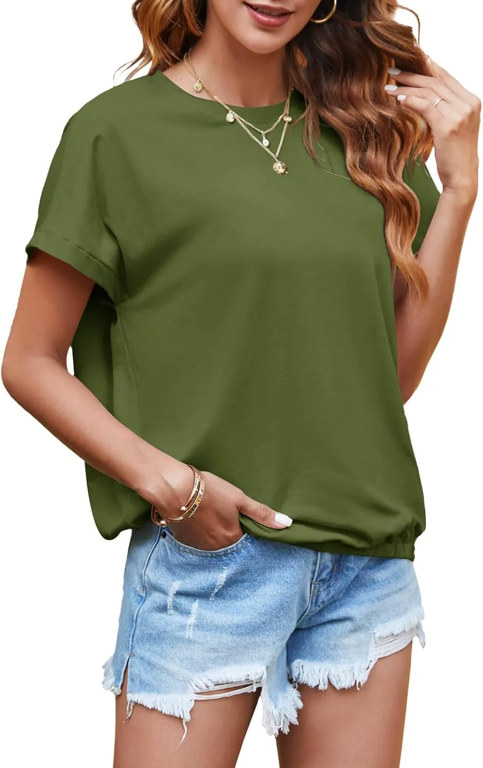 Tankaneo Women Short Cap Sleeve Tops Summer Casual Banded Sweatshirt Crew Neck Loose Fit T-Shirts