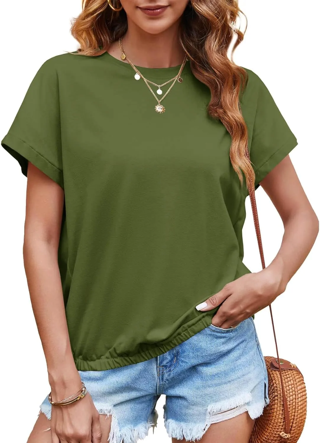 Tankaneo Women Short Cap Sleeve Tops Summer Casual Banded Sweatshirt Crew Neck Loose Fit T-Shirts