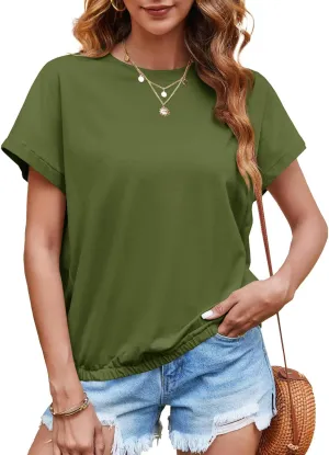 Tankaneo Women Short Cap Sleeve Tops Summer Casual Banded Sweatshirt Crew Neck Loose Fit T-Shirts