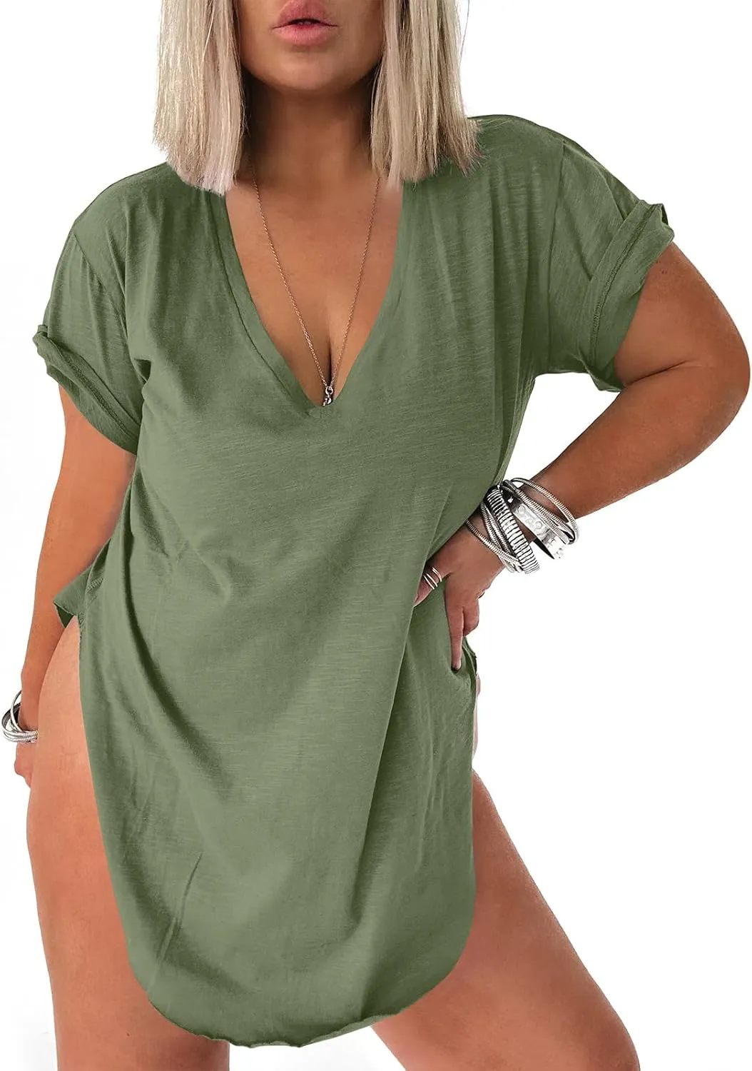 Tankaneo Womens Deep V Neck Short Sleeve T Shirts Side Slit Oversized Summer Loose Tunic Top