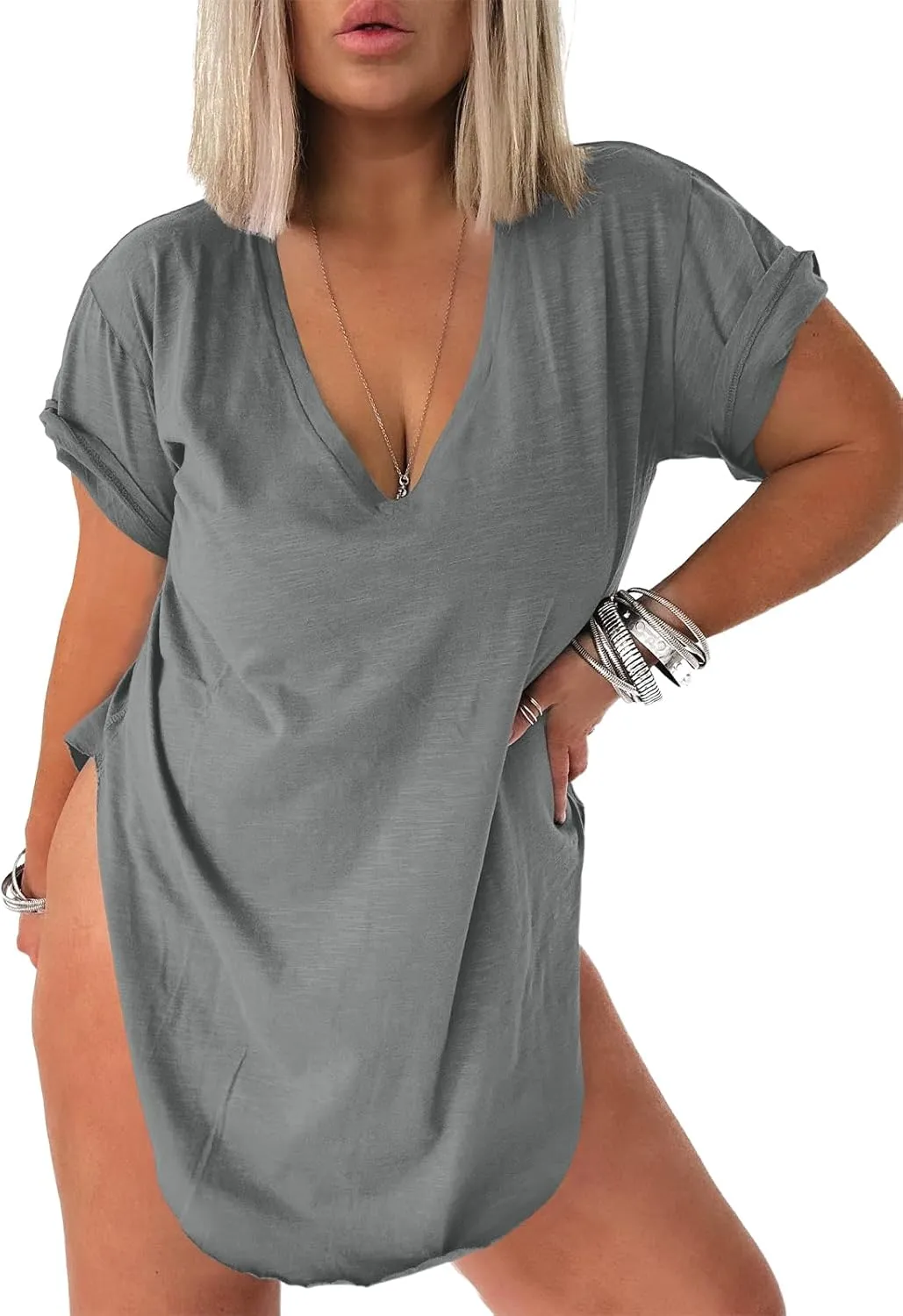 Tankaneo Womens Deep V Neck Short Sleeve T Shirts Side Slit Oversized Summer Loose Tunic Top