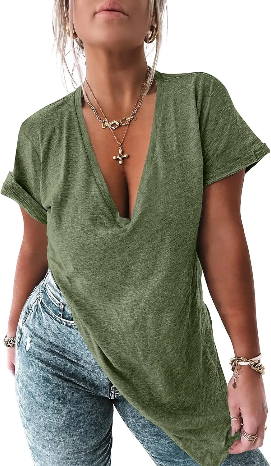 Tankaneo Womens Deep V Neck Short Sleeve T Shirts Side Slit Oversized Summer Loose Tunic Top