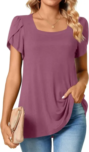 TAOHUADAO Womens 2025 Summer Casual T-Shirts Square Neck Petal Short Sleeve Tunic Tops